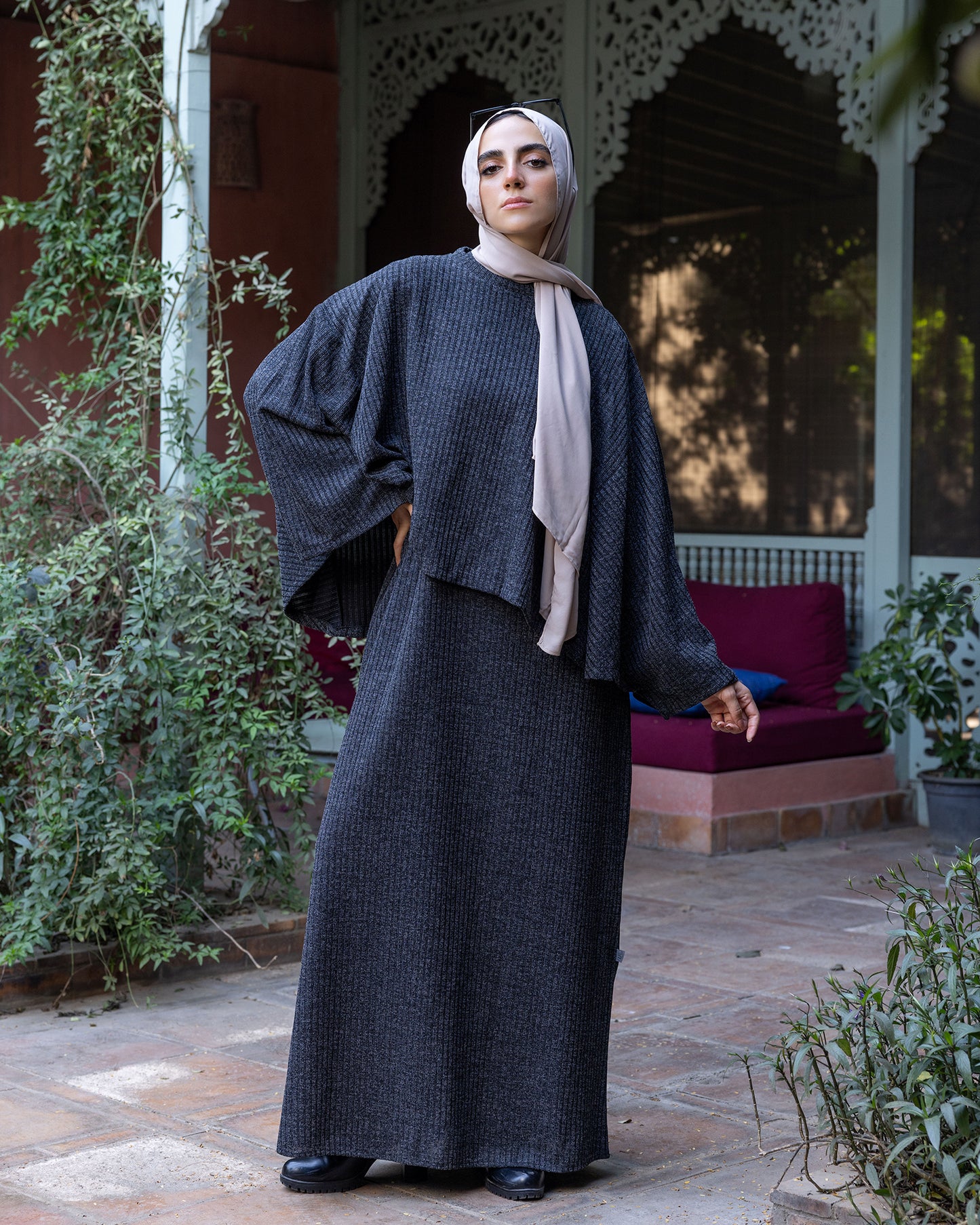 Wool Rib Dress Set Dark Grey