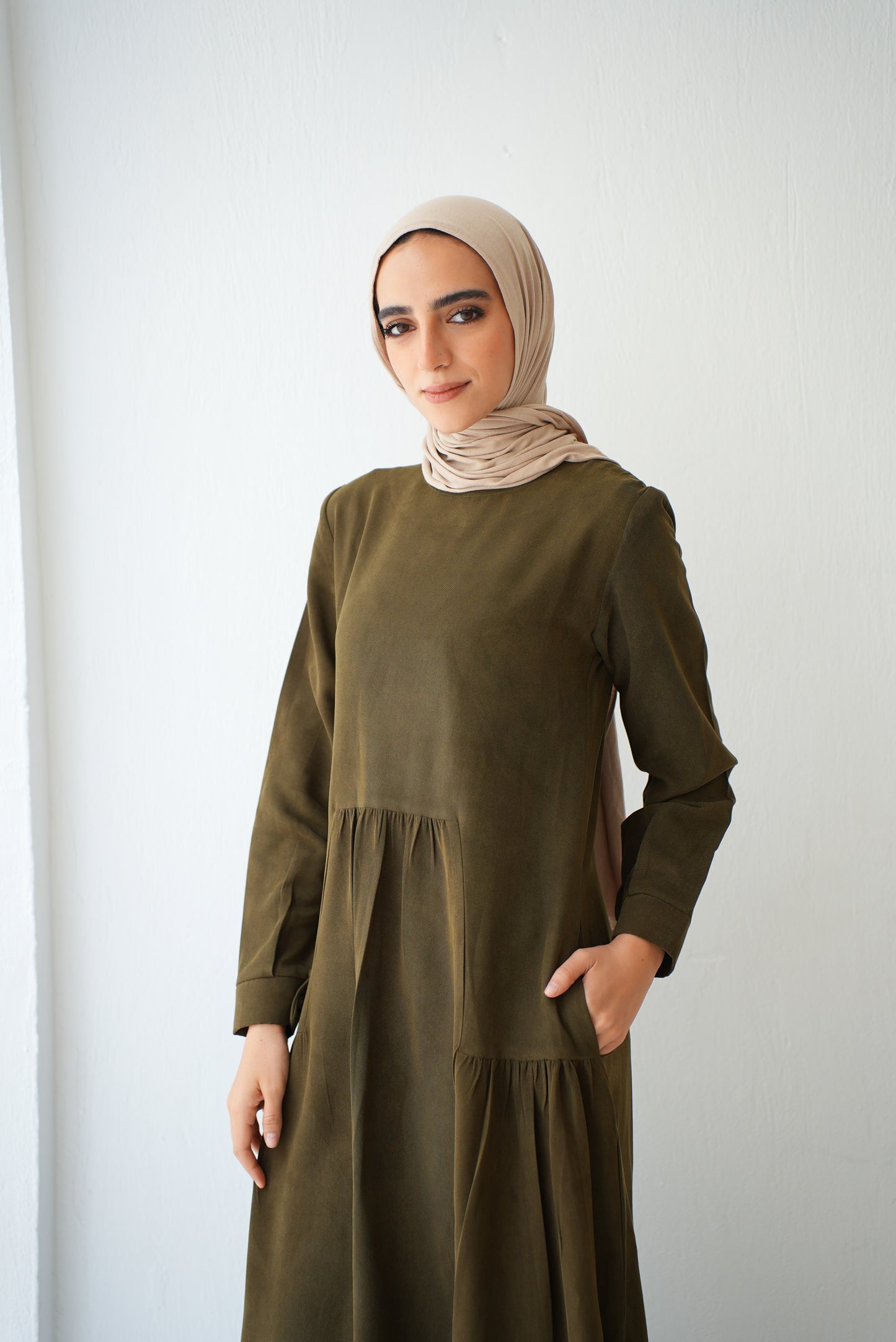 Soft Suede Olive dress with hidden comfort — side pockets Code fw301