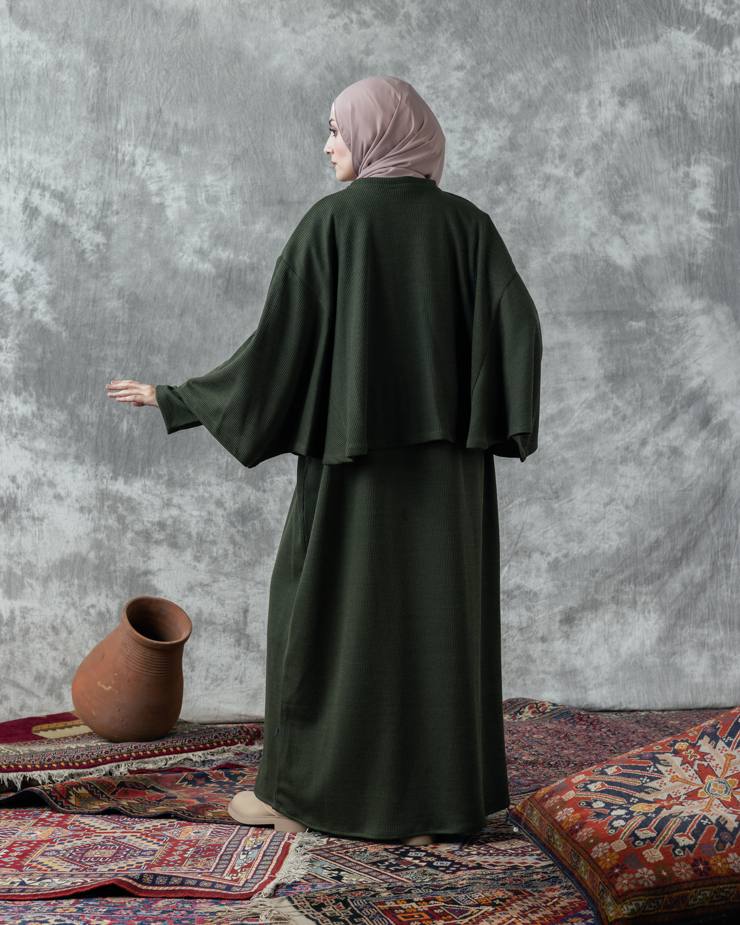 Rib wool dress & cape code FW 90 dark green