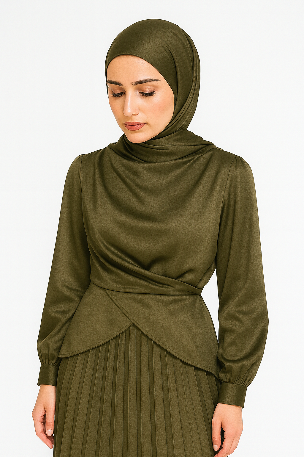 Satin Blouse Code 308 Oliveالبلوزة فقط