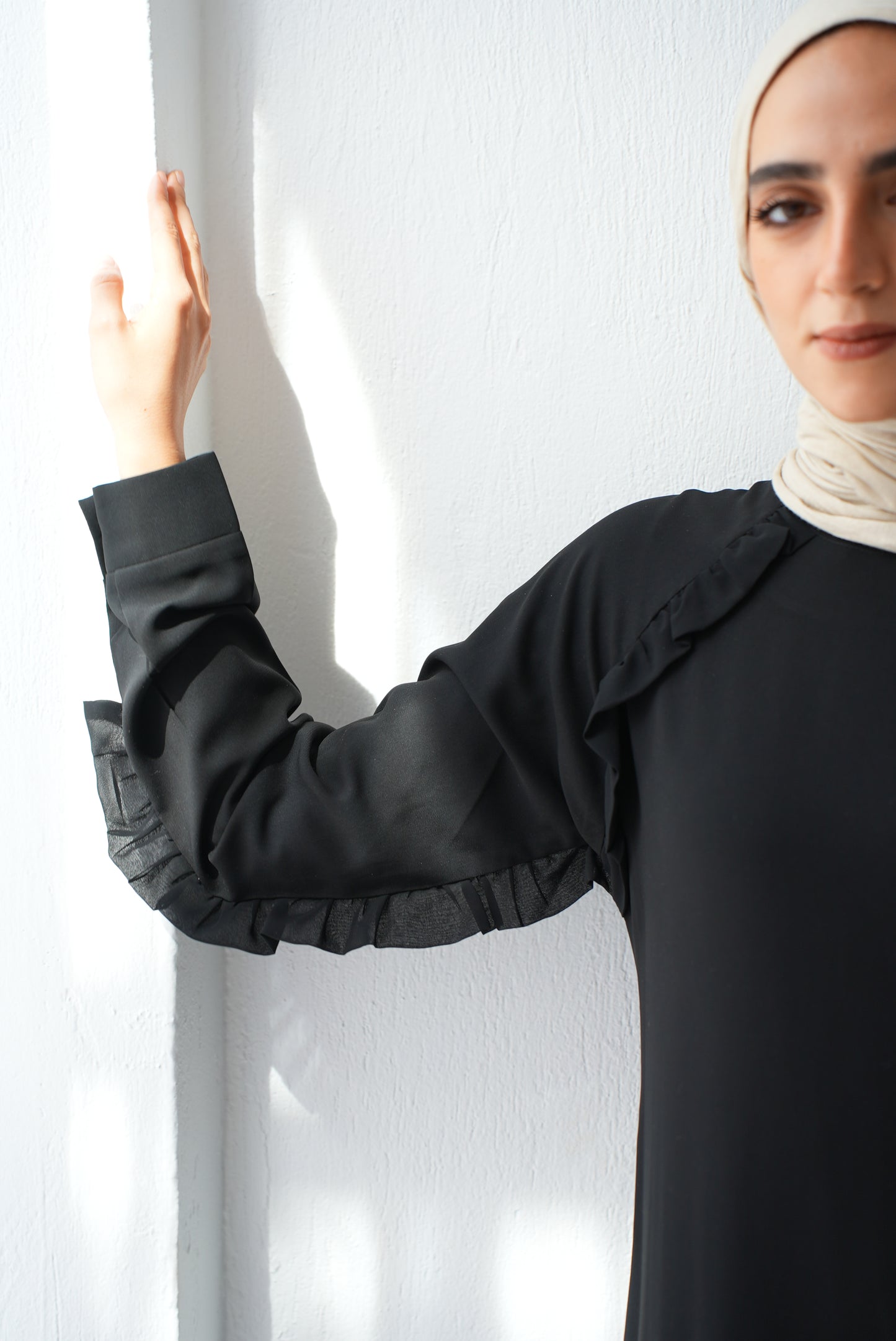Rony Soft crepe abaya with delicate ruffles on the chest and sleeves Code 409