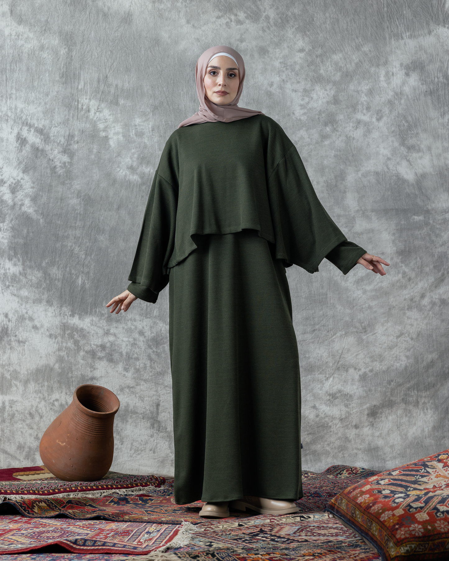 Rib wool dress & cape code FW 90 dark green