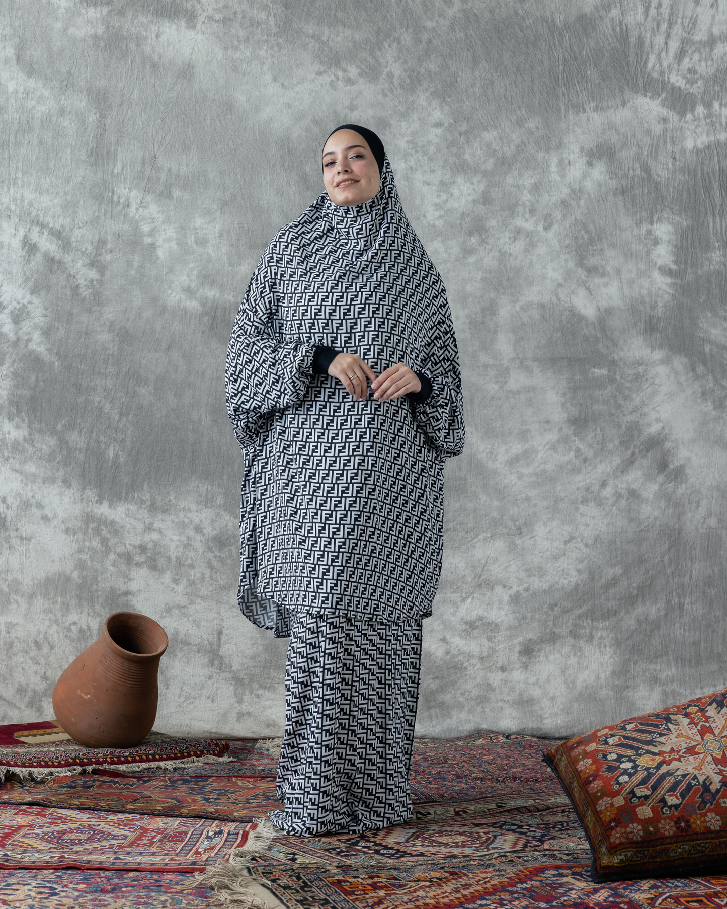 Cotton viscose prayer set code 444 with sleeves black & White