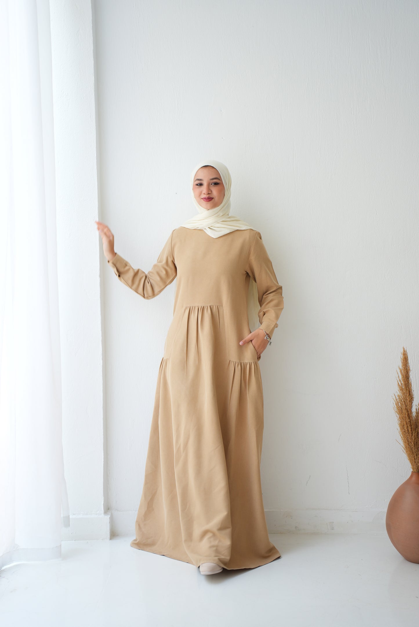 Soft Suede Beige Dress With Hidden Pockets Code fw301