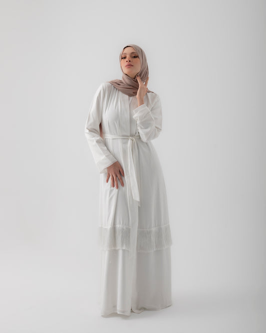 Open Abaya with Fringes Offwhite119