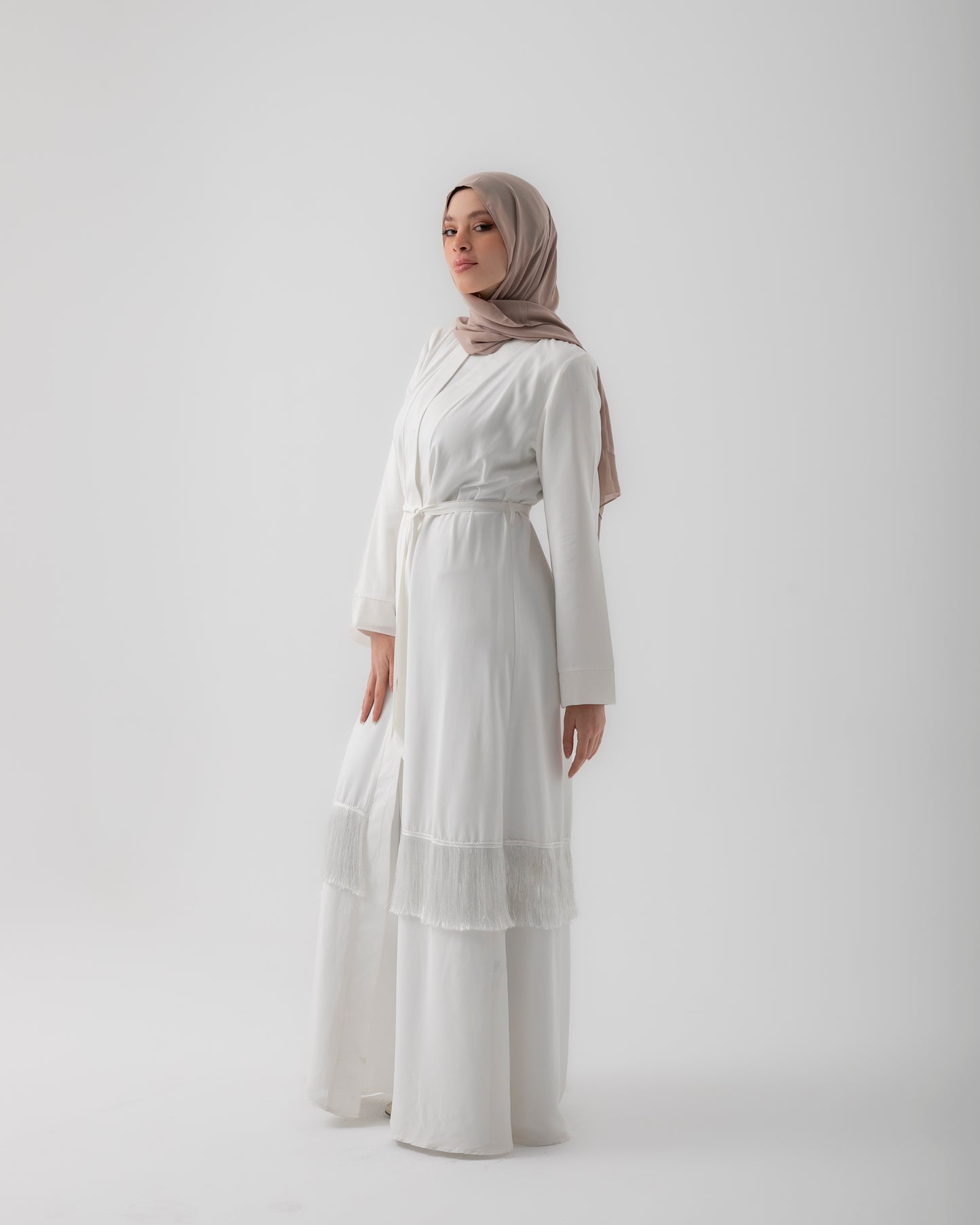 Open Abaya with Fringes Offwhite119