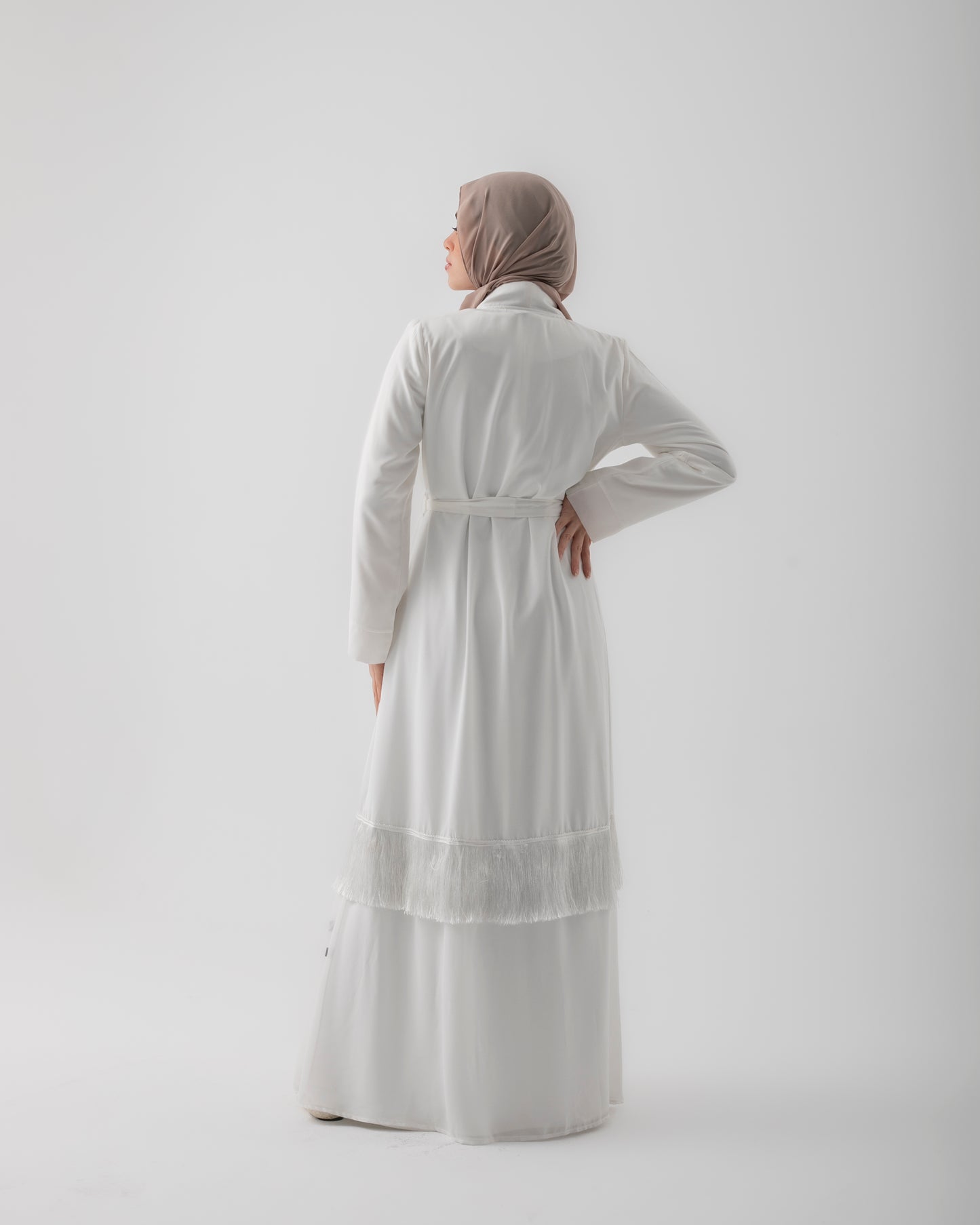 Open Abaya with Fringes Offwhite119