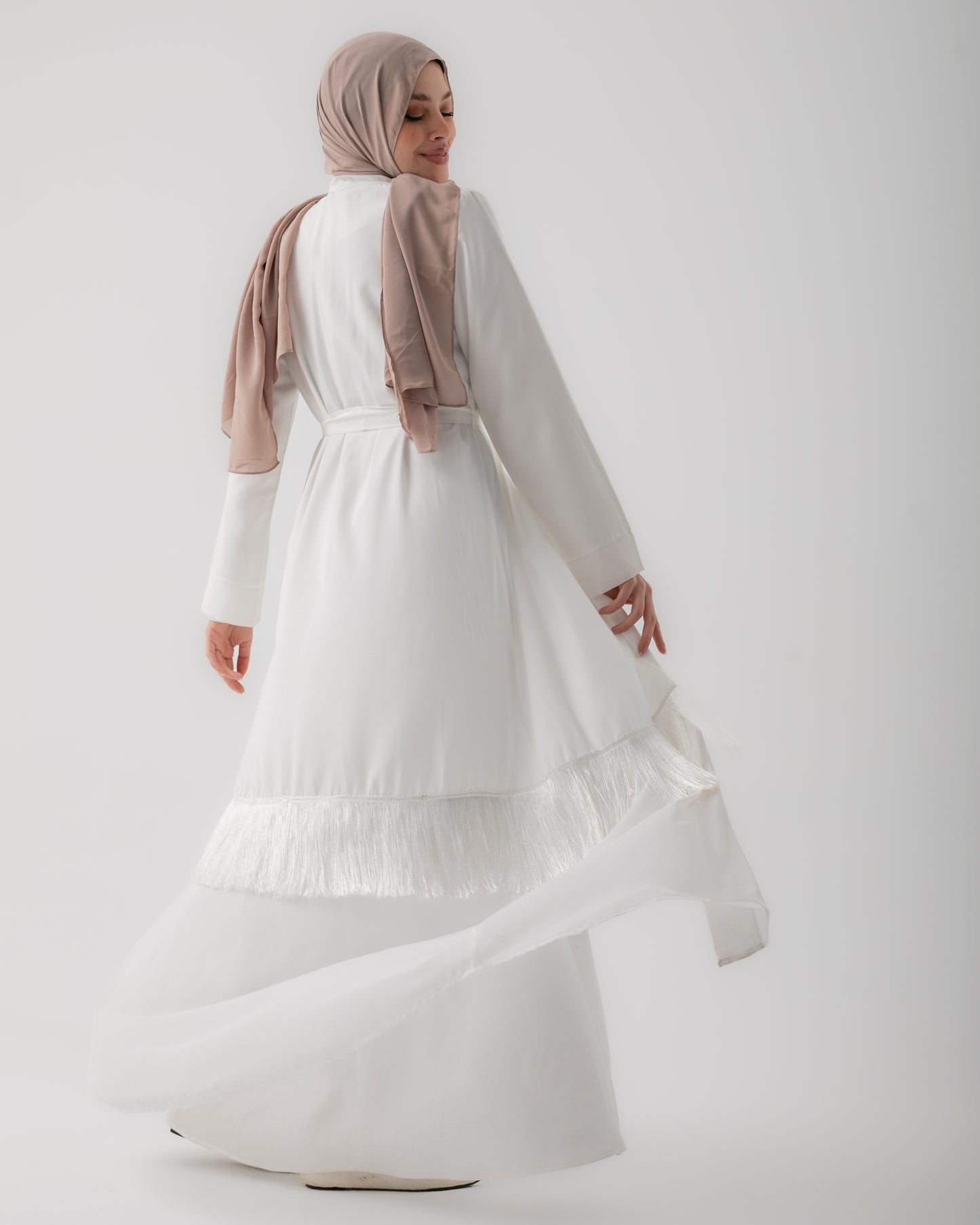 Open Abaya with Fringes Offwhite119