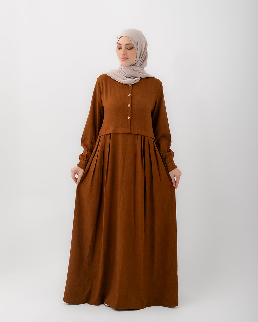 Linen Maxi Dress with Buttons and Pockets Rust 108