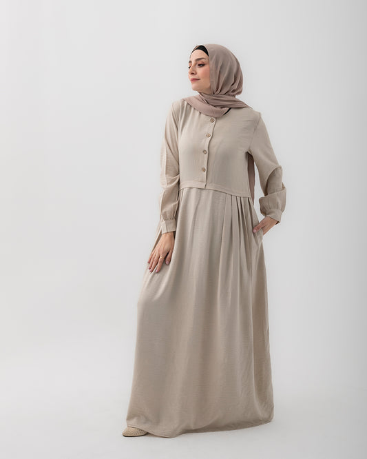 Linen Maxi Dress with Buttons and Pockets Beige 108
