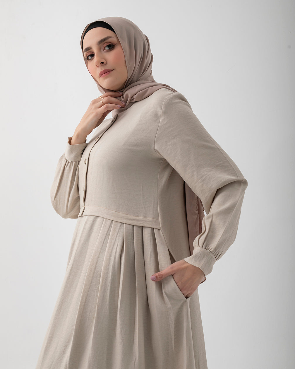 Linen Maxi Dress with Buttons and Pockets Beige 108