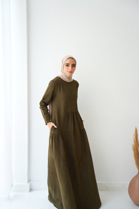 Soft Suede Olive dress with hidden comfort — side pockets Code fw301