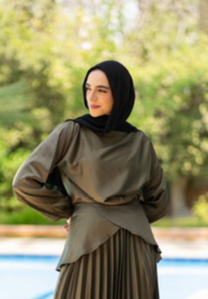 Satin Blouse Code 308 Oliveالبلوزة فقط
