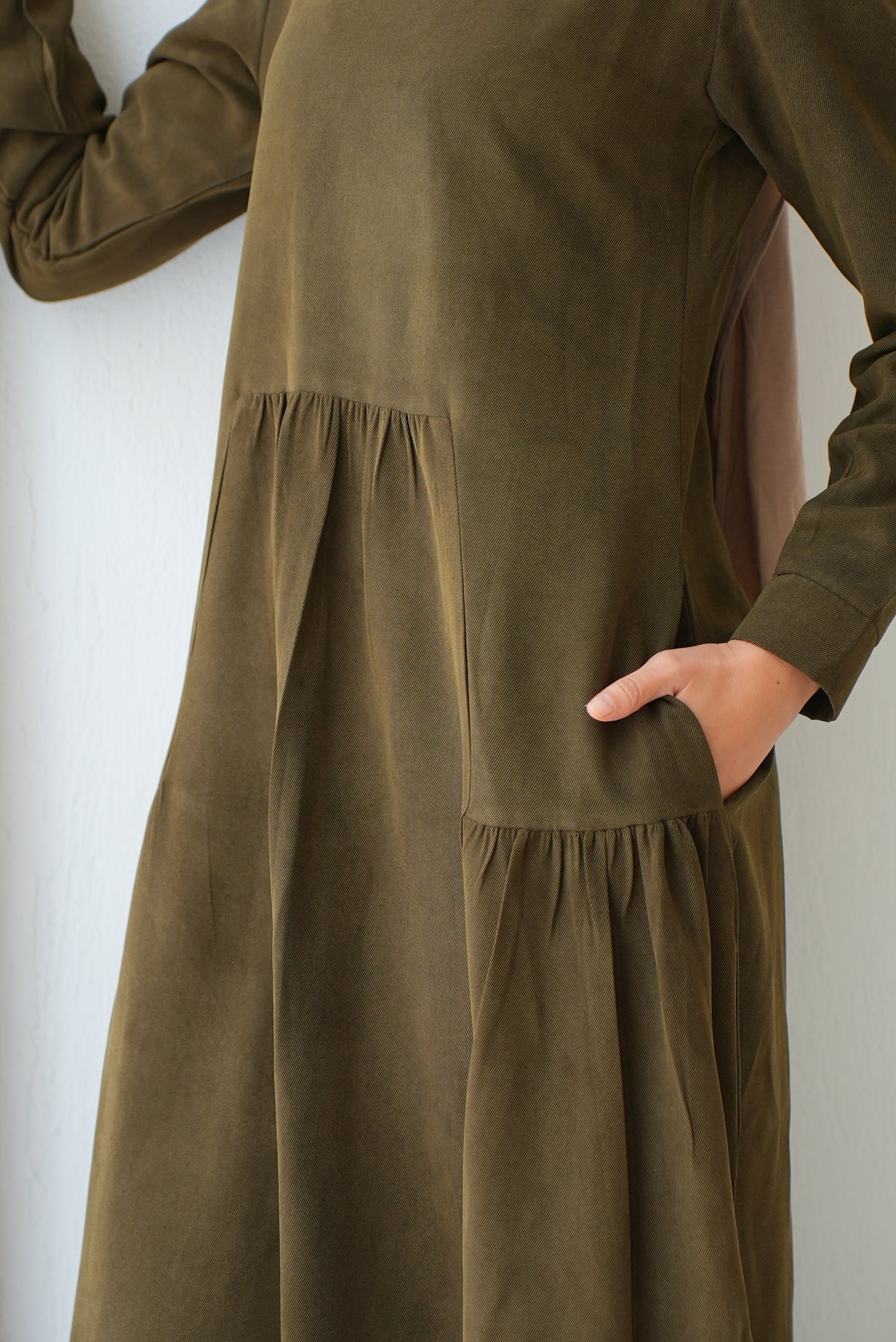 Soft Suede Olive dress with hidden comfort — side pockets Code fw301