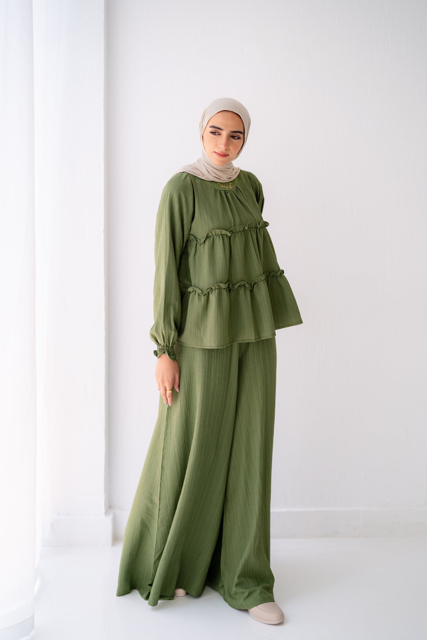 Soft Crinkle ruffles Wide Leg Pants Set Code 4295 Green