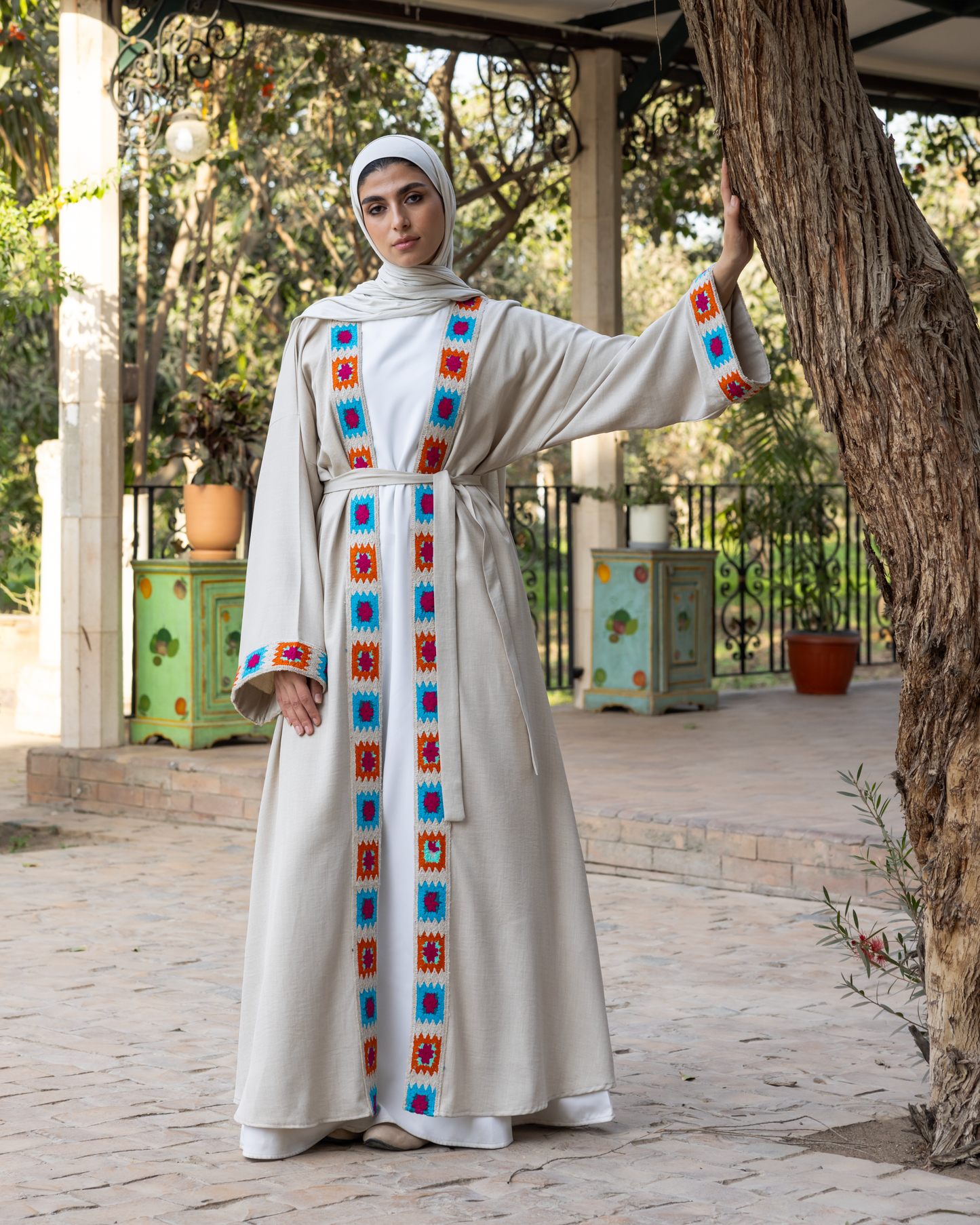 Elegant Embroidered linen Kaftan code 1111 beige