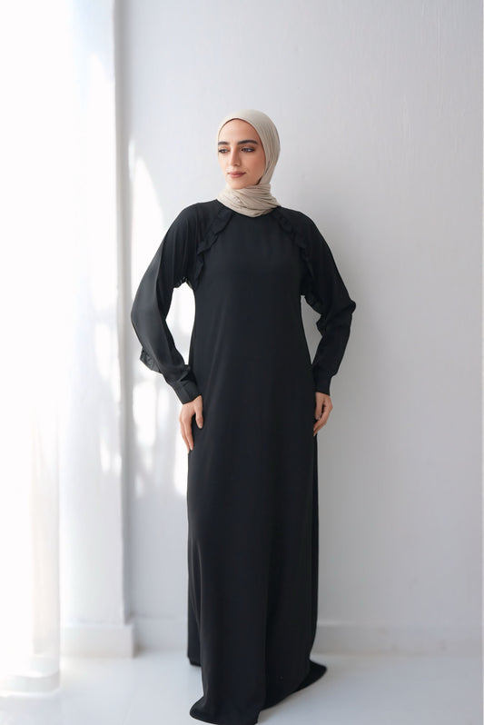 Rony Soft crepe abaya with delicate ruffles on the chest and sleeves Code 409