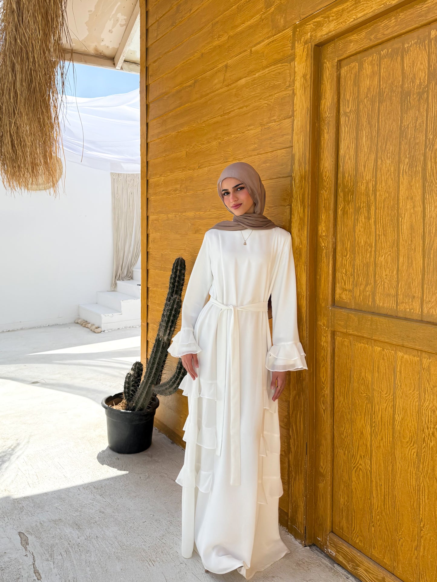 Side Ruffles  white Abaya C503