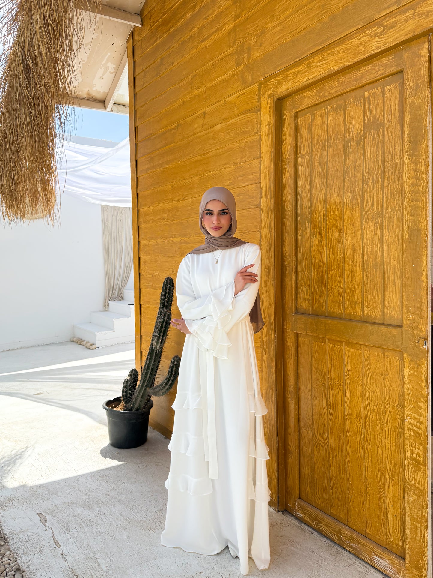 Side Ruffles  white Abaya C503