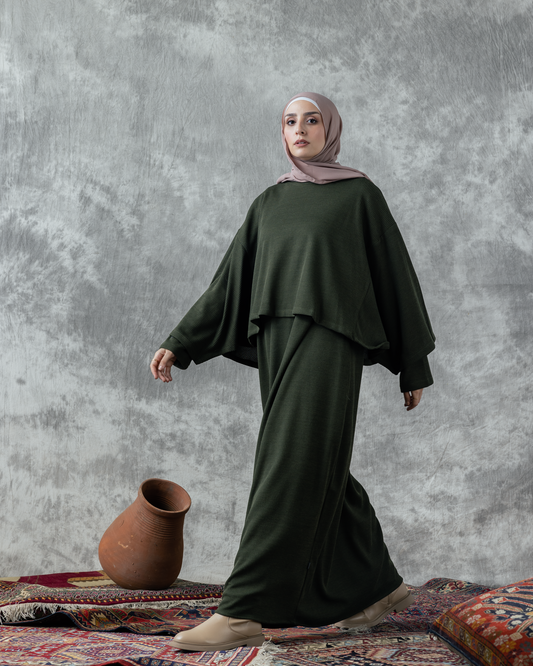 Rib wool dress & cape            code FW 90 dark green