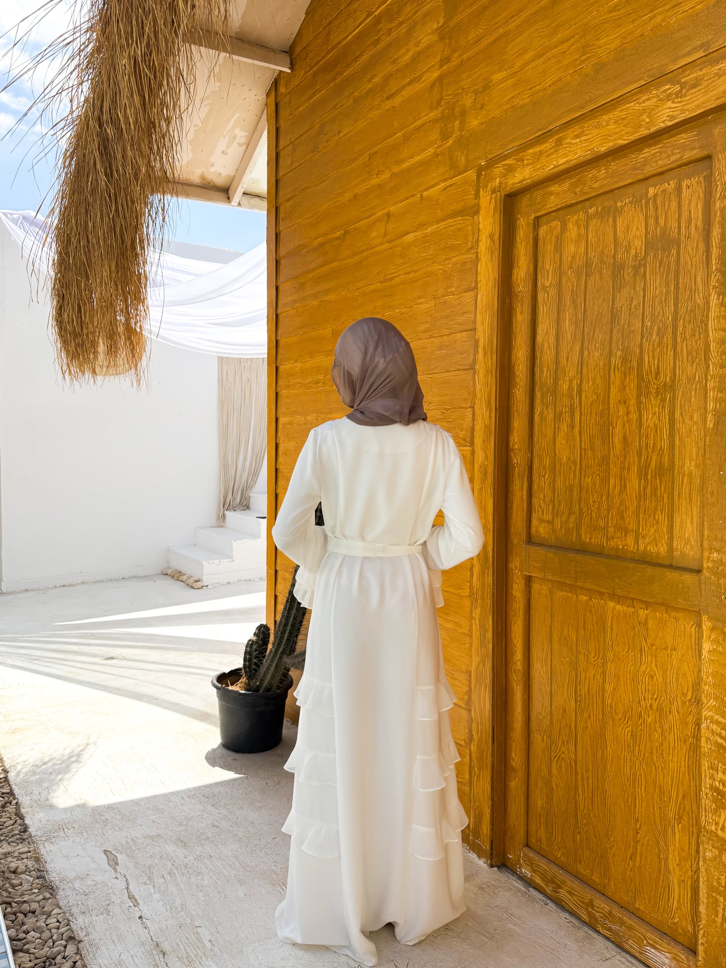Side Ruffles  white Abaya C503