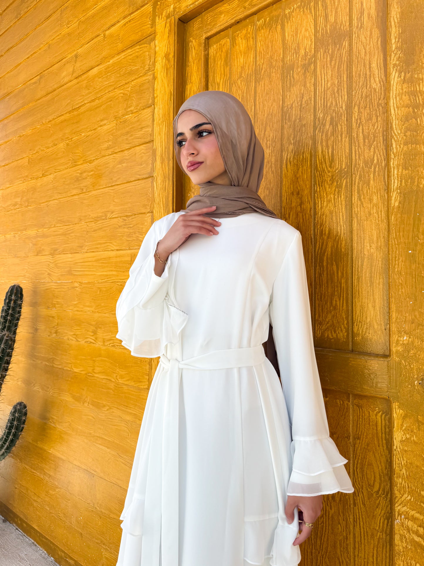 Side Ruffles  white Abaya C503