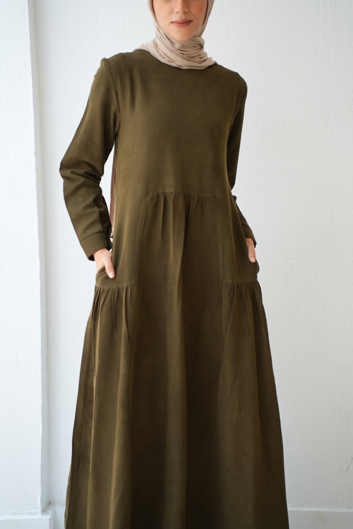 Soft Suede Olive dress with hidden comfort — side pockets Code fw301