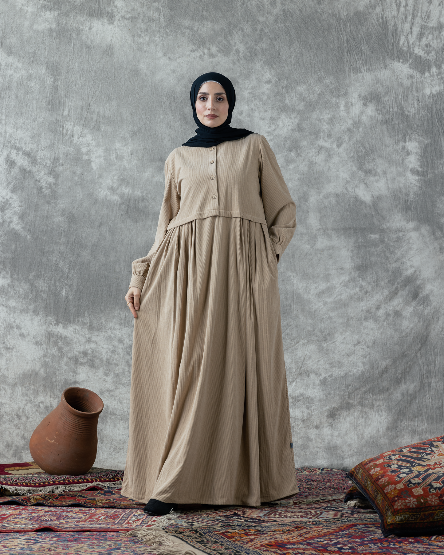 Rib velvet dress with pockets and buttons Code FW 108 beige