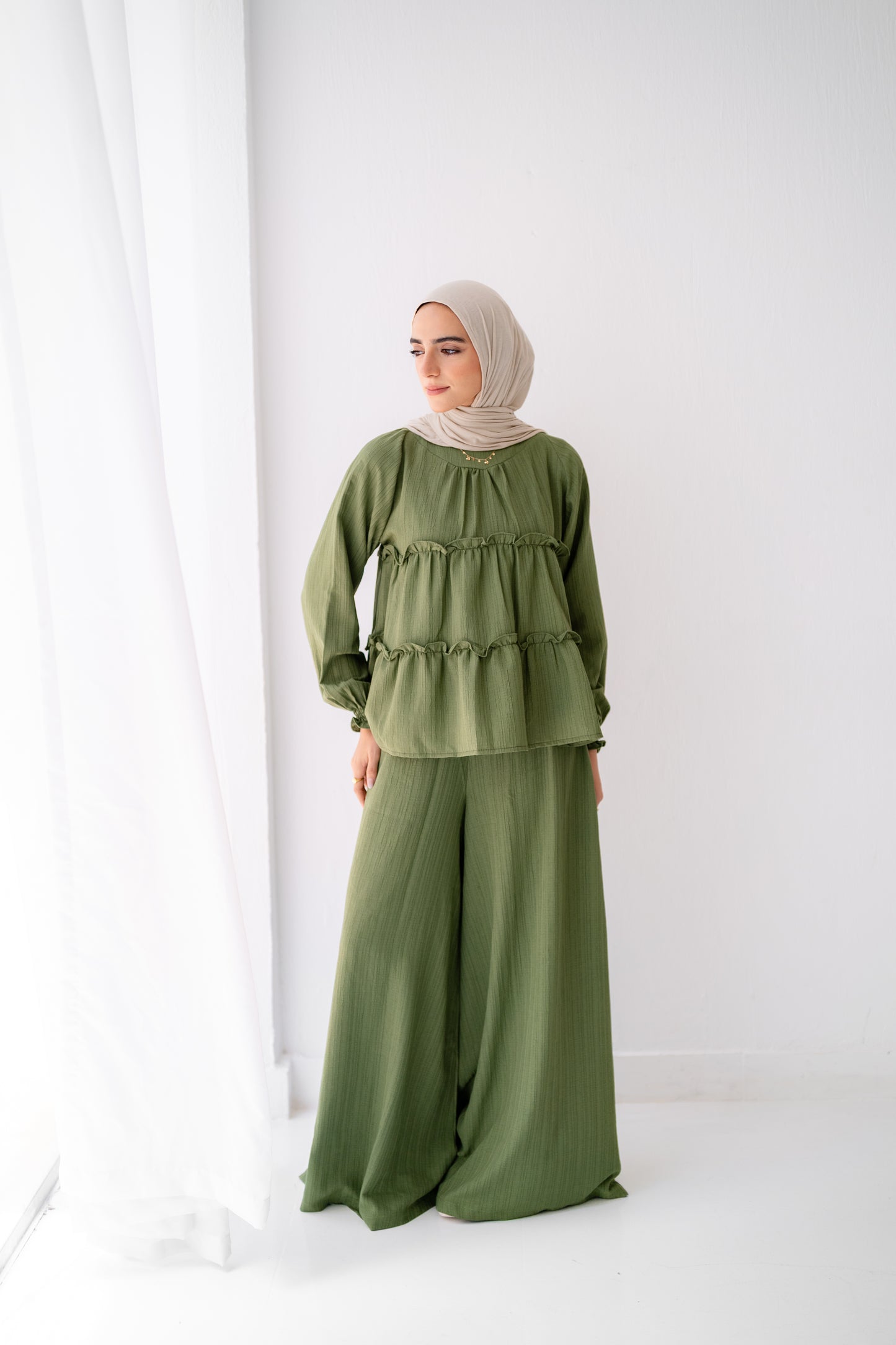 Soft Crinkle ruffles Wide Leg Pants Set Code 4295 Green