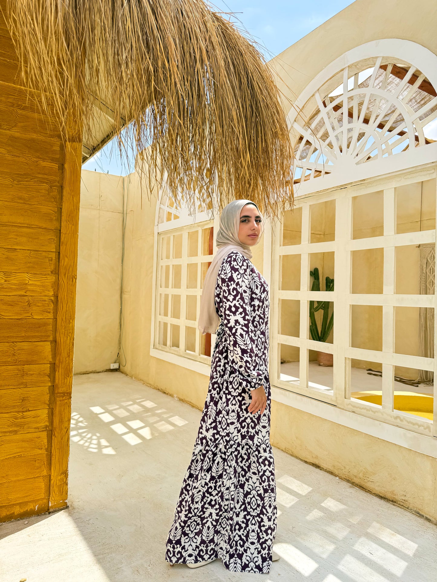 Tiered Maxi Dress purple and White C401