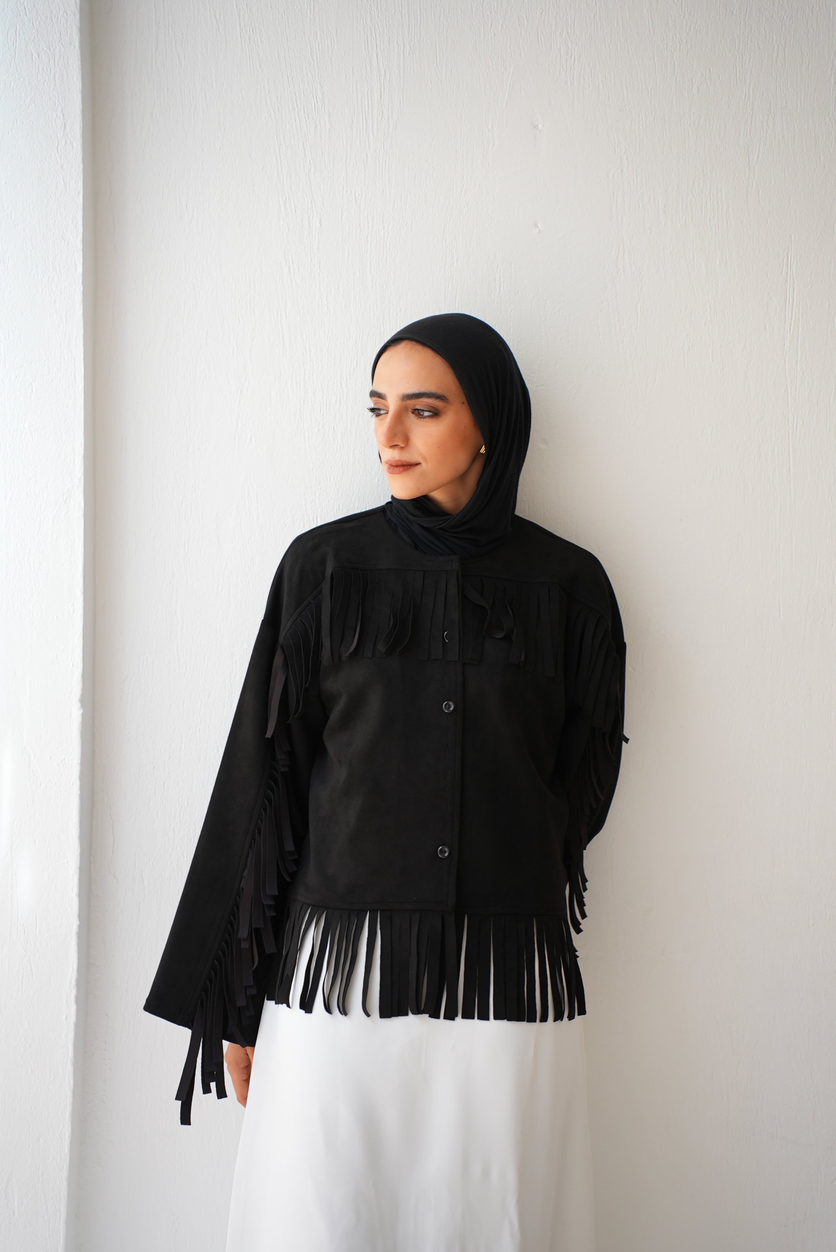 Soft Suede Jacket with Fringes Code 410 Black – The Cape