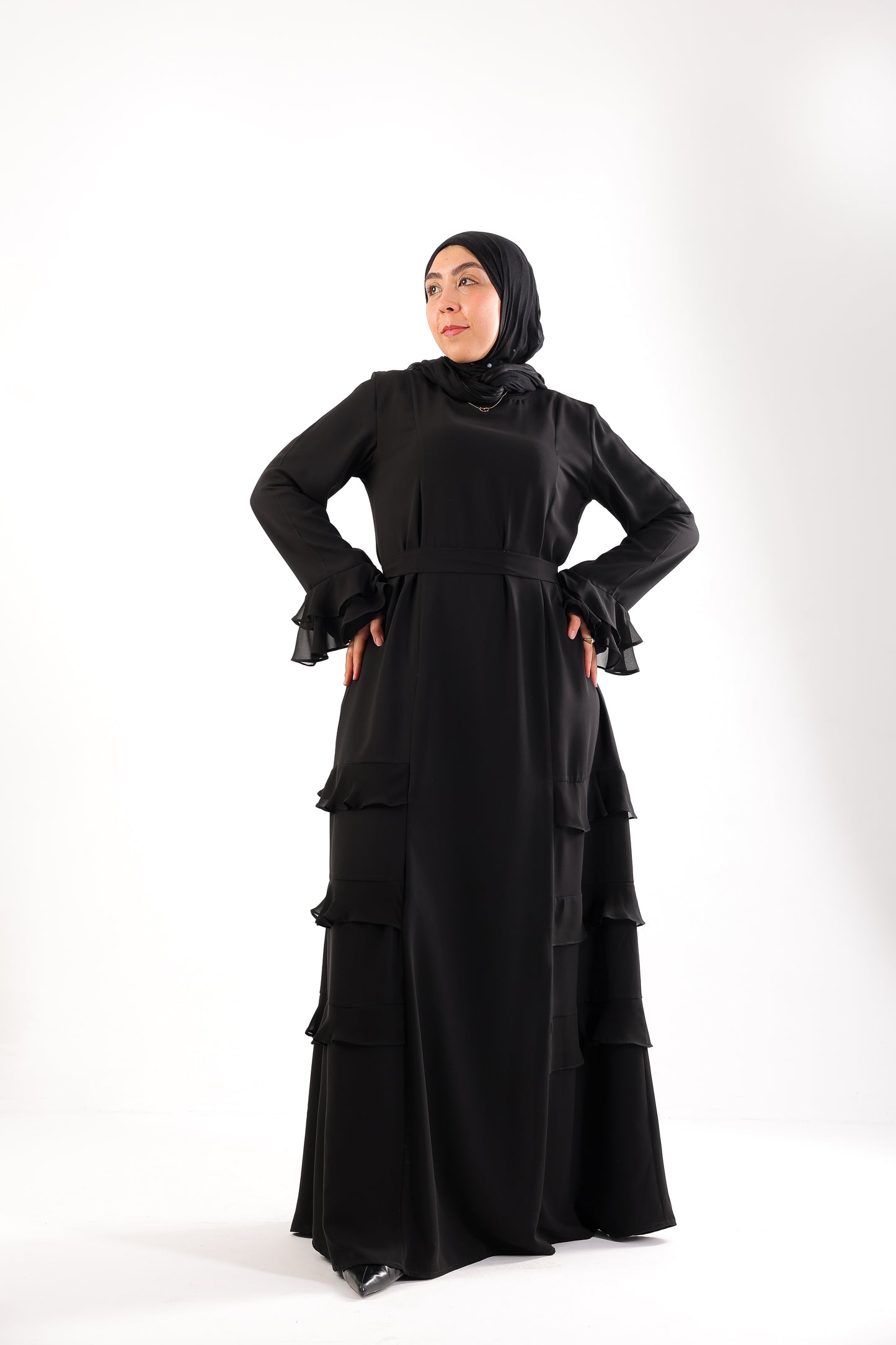 Abaya with soft ruffle sleeves and side details Code 503