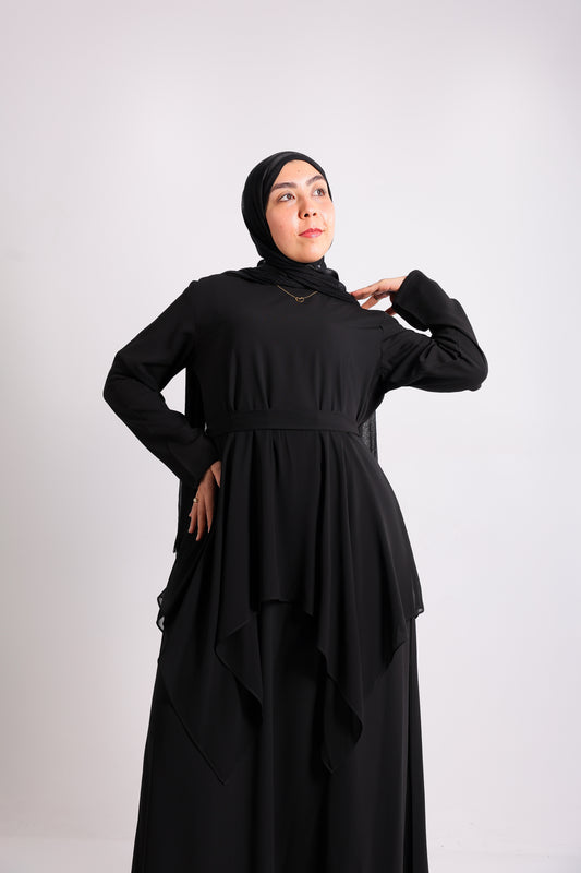Lily crepe abaya is designed with delicate chiffon ruffles and a matching belt code 112 B
