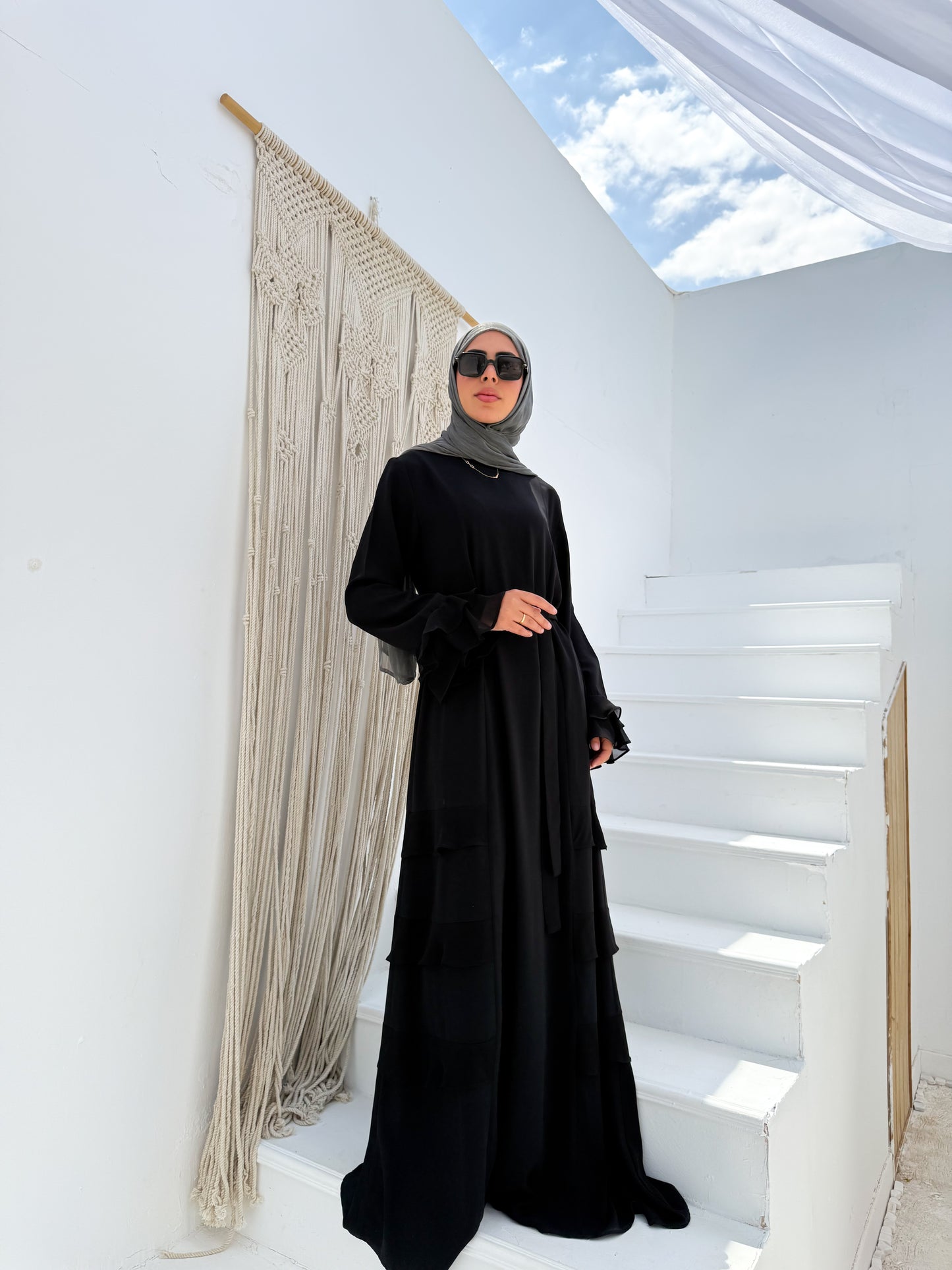 Abaya with soft ruffle sleeves and side details Code 503