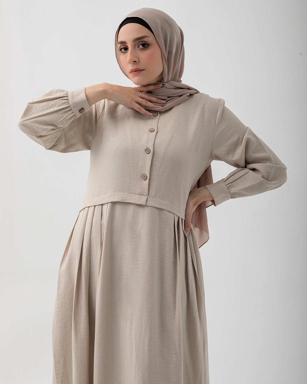 Linen Maxi Dress with Buttons and Pockets Beige 108