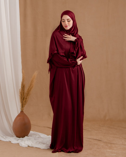 Satin prayer wear with attached scarf code 999 Maroon