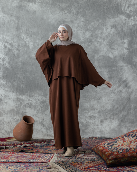 Rib wool dress& cape code FW90 brown