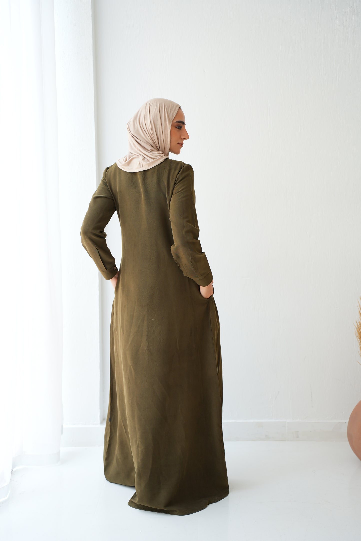 Soft Suede Olive dress with hidden comfort — side pockets Code fw301