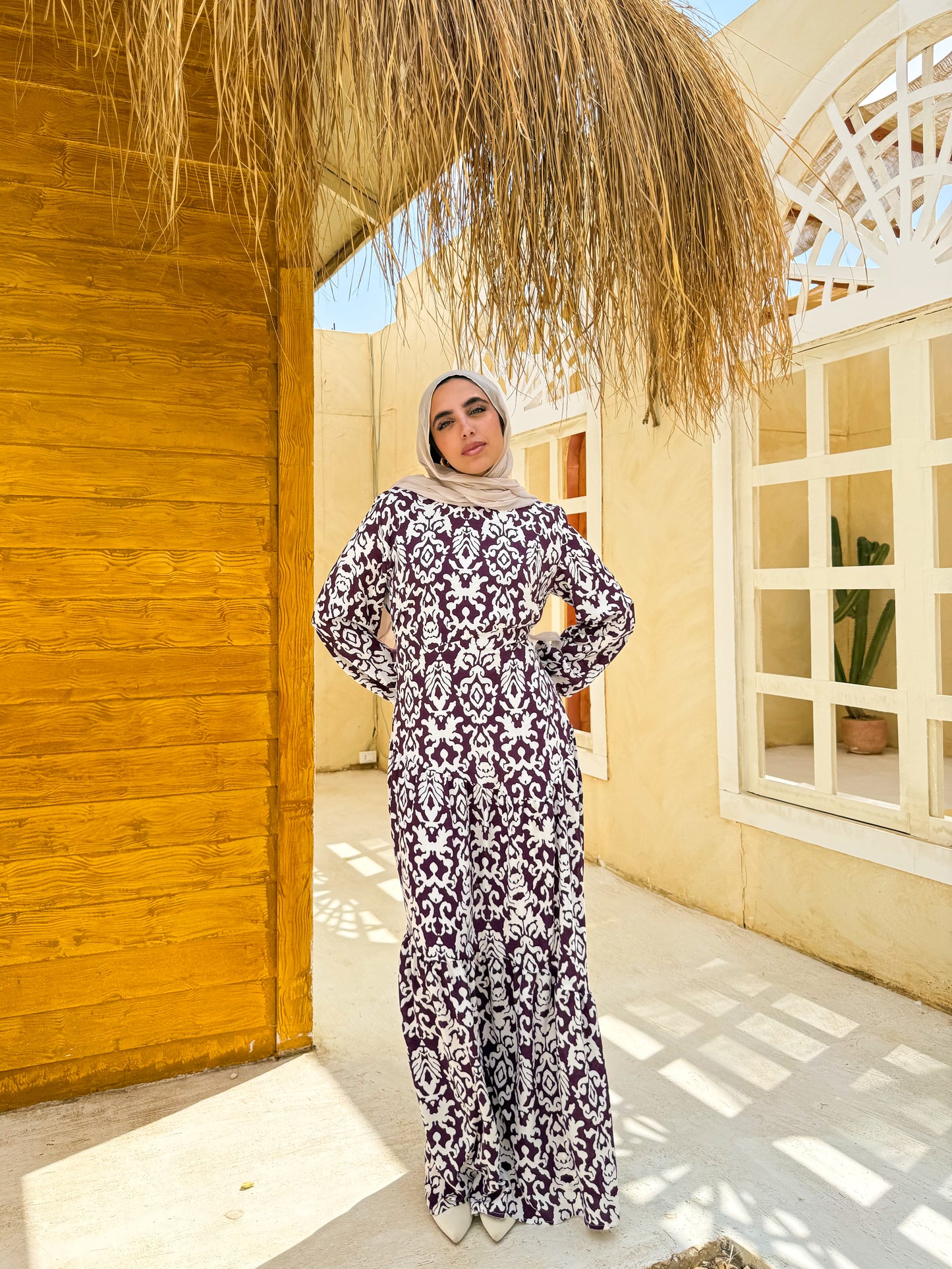 Tiered Maxi Dress purple and White C401