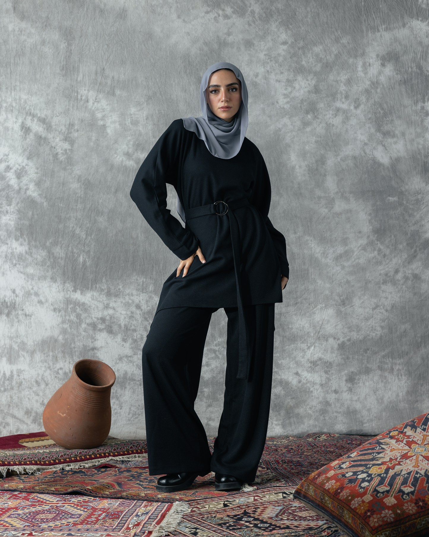 Wool Rib set with wide leg Code FW 1074 Black