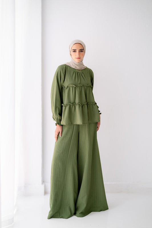 Soft Crinkle ruffles Wide Leg Pants Set Code 4295 Green