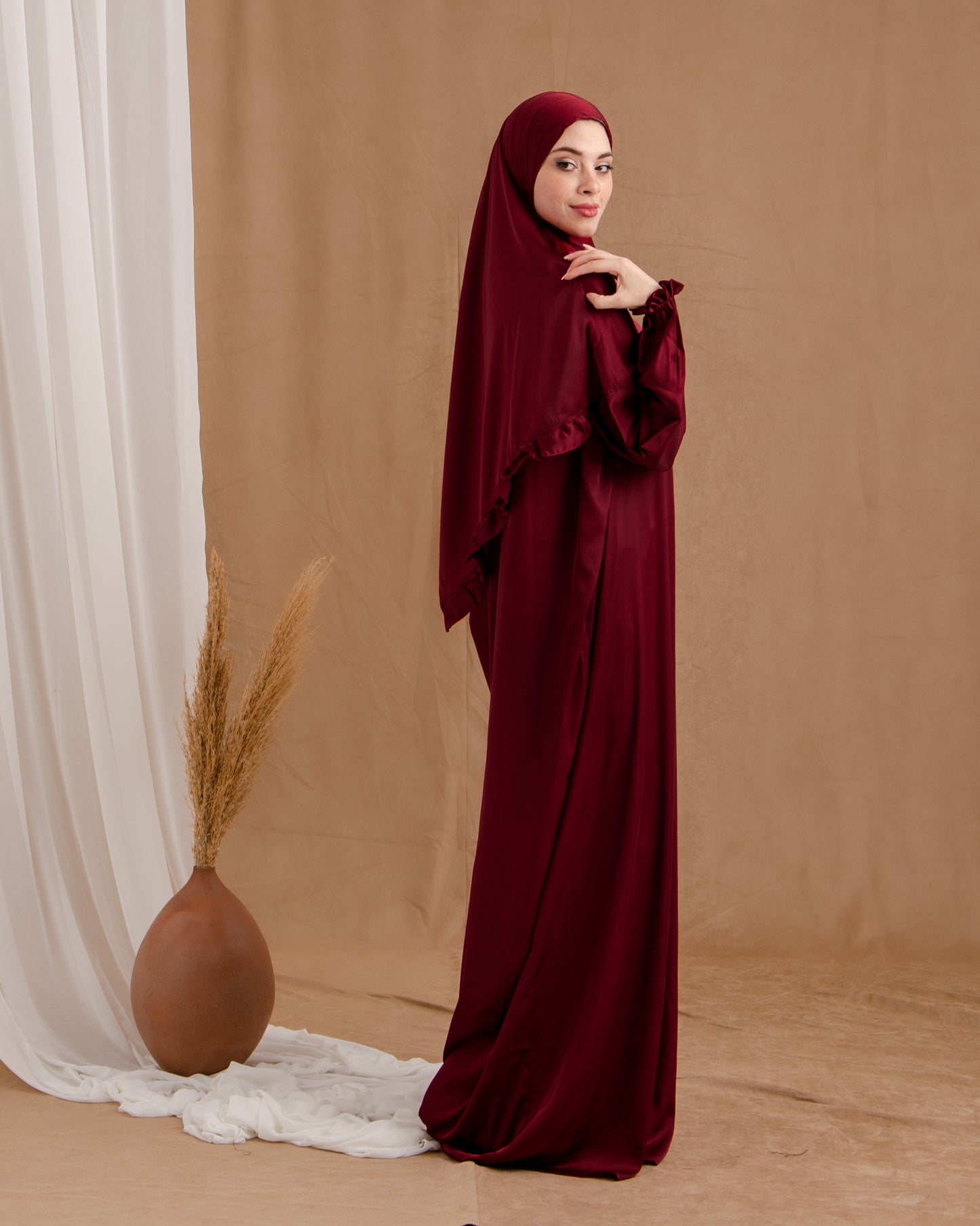 Satin prayer wear with attached scarf code 999 Maroon