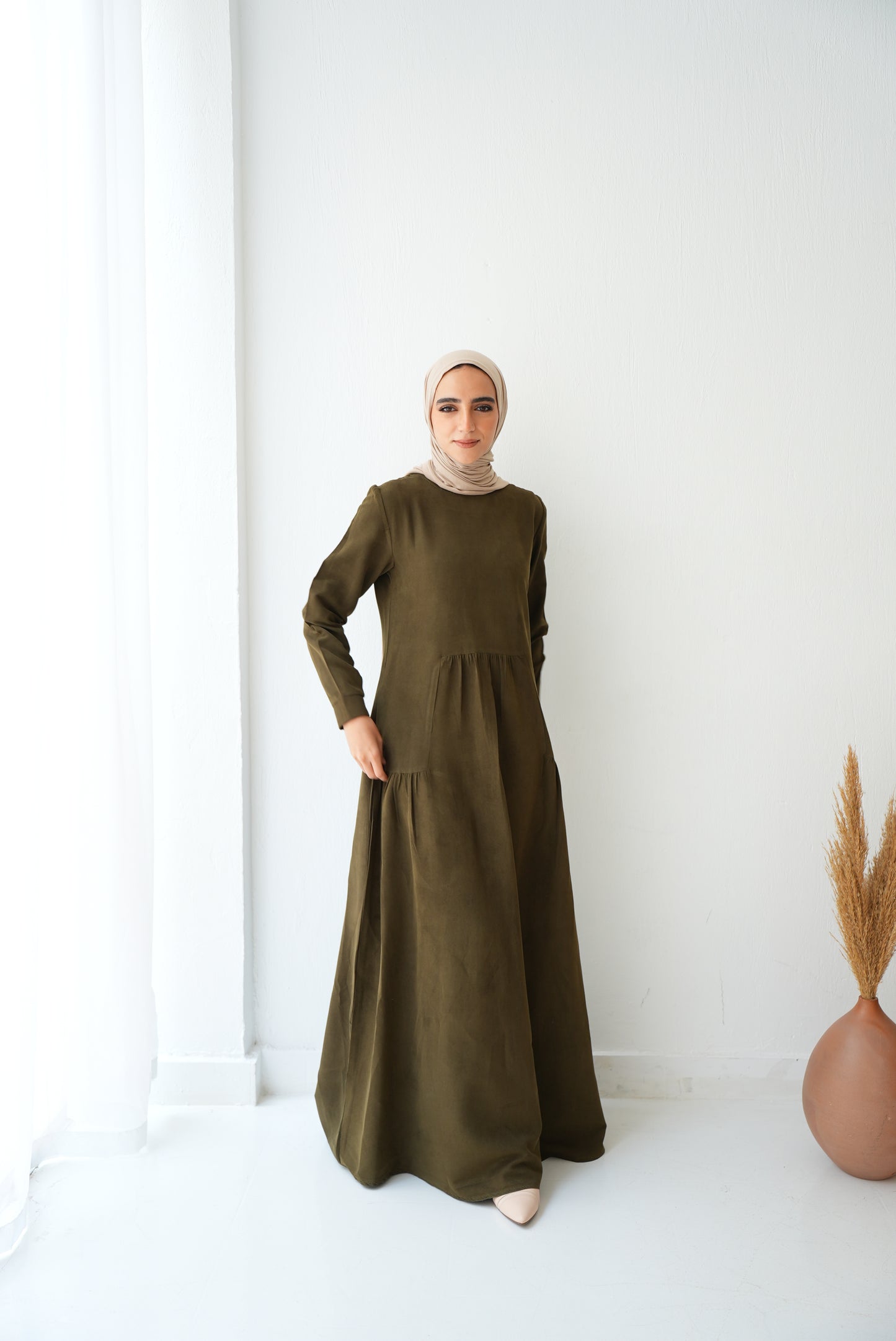 Soft Suede Olive dress with hidden comfort — side pockets Code fw301