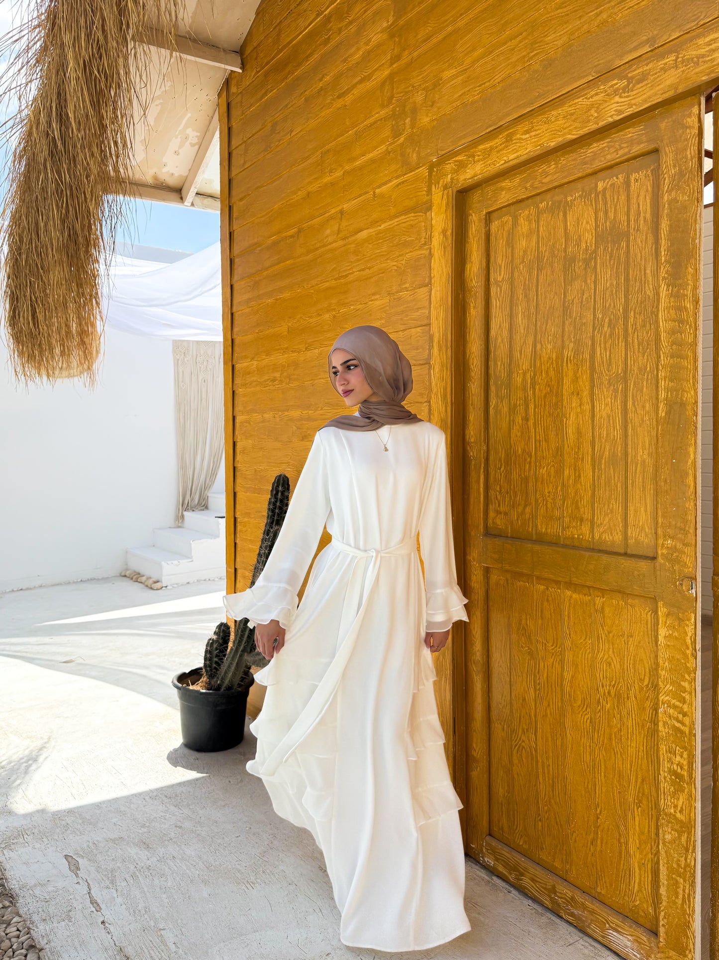 Side Ruffles  white Abaya C503